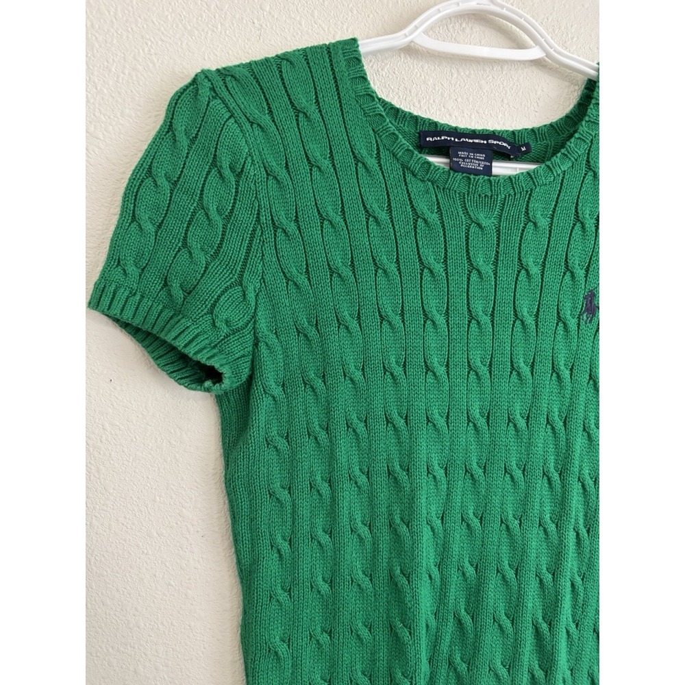 Ralph Lauren Sport Cable Knit Sweater Womens Medium Green Short Sleeve Pony - Picture 5 of 9